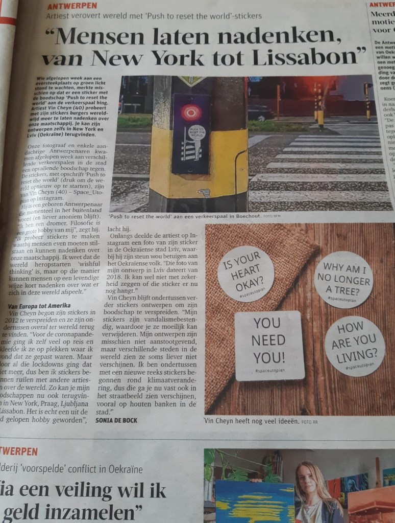 An article on Space Utopian's worldwide street art project, published by Gazet van Antwerpen.
