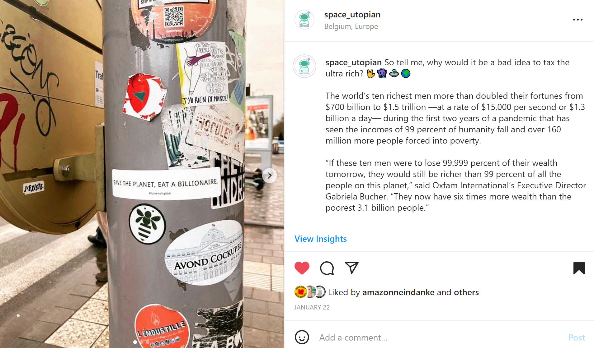 Save the planet, eat a billionaire. Sticker in the streets of Brussels (BE), 2022 © photo by @heyheyheychloe.