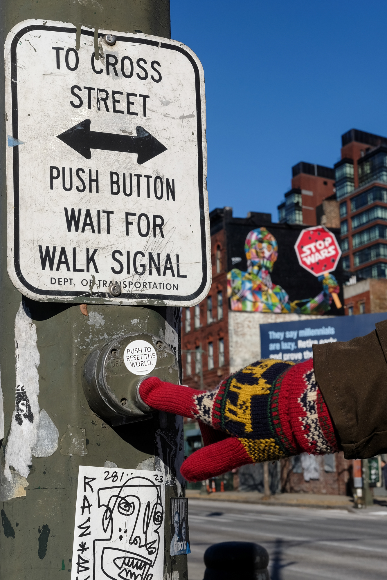 Push to reset the world. Sticker in the streets of New York City, 2022 © by @Space_Utopian (New York City, USA).