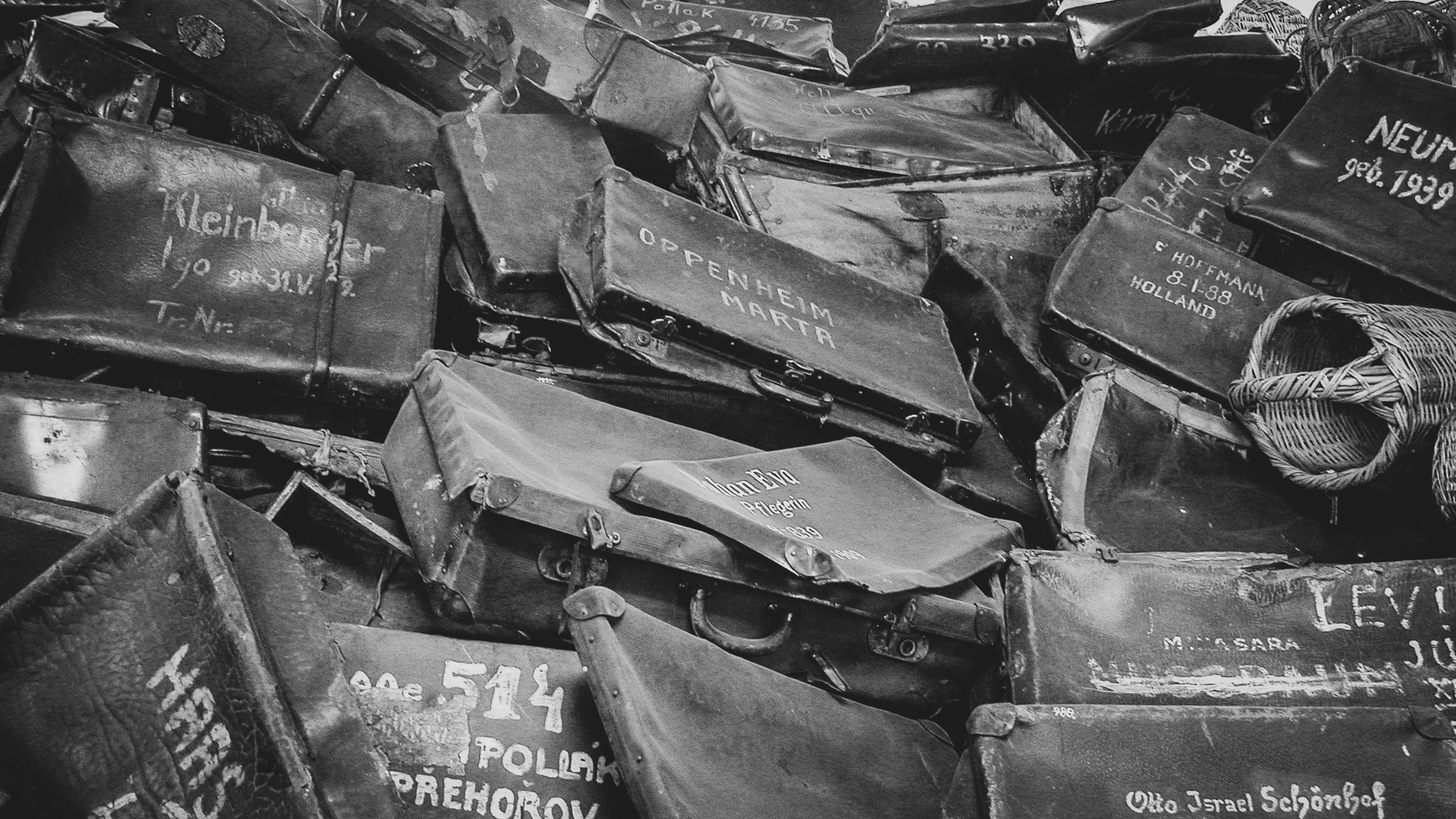 A poignant black and white photograph of a pile of suitcases, remnants of those who perished in a concentration camp. Symbolizing loss and displacement, the image evokes the profound human tragedy of the past.